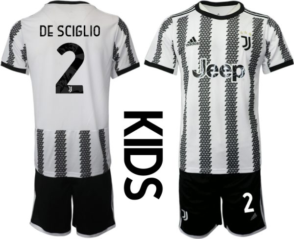 Kinderheim Juventus FC 2022-23 Trikot Schwarz Weiß Trikotsatz mit Aufdruck DE SCIGLIO 2