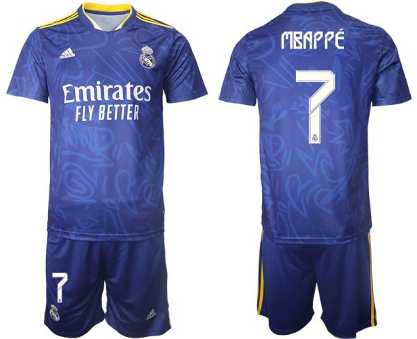 Real Madrid Herren Auswärtstrikot 2022 blau/weiß mit Aufdruck Mbappé 7 - Billede 2