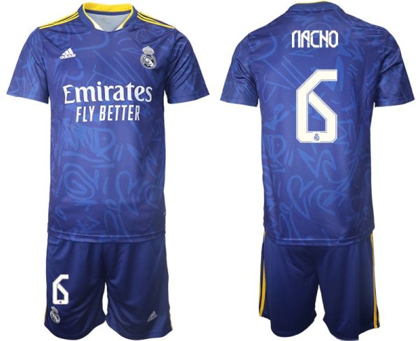 Real Madrid Herren Auswärtstrikot 2022 blau/weiß mit Aufdruck Nacho 6 – Bild 2