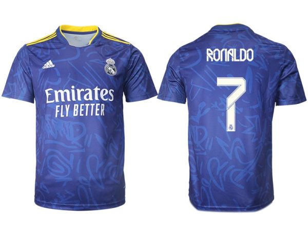Real Madrid Herren Auswärtstrikot 2022 blau/weiß mit Aufdruck Ronaldo 7