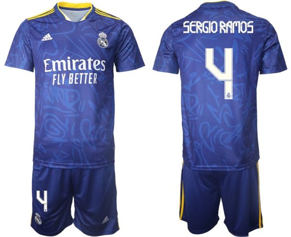 Real Madrid Herren Auswärtstrikot 2022 blau/weiß mit Aufdruck Sergio Ramos 4 - Obrázek 2